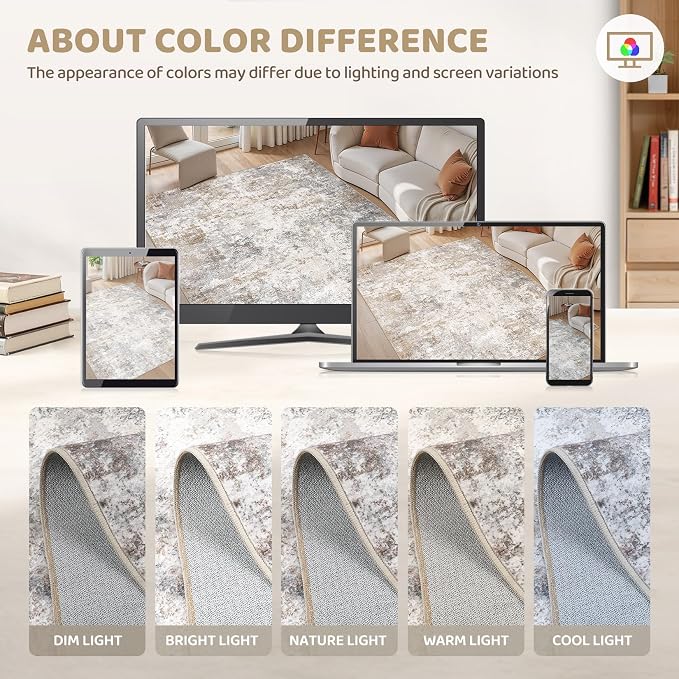 UERMEI 6x8 Area Rug Living Room Rugs - Washable Neutral Modern Abstract Soft Thin Rug Indoor Floor No Slip Rug Carpet for Bedroom Under Dining Table Home Office Decor - Brown Grey