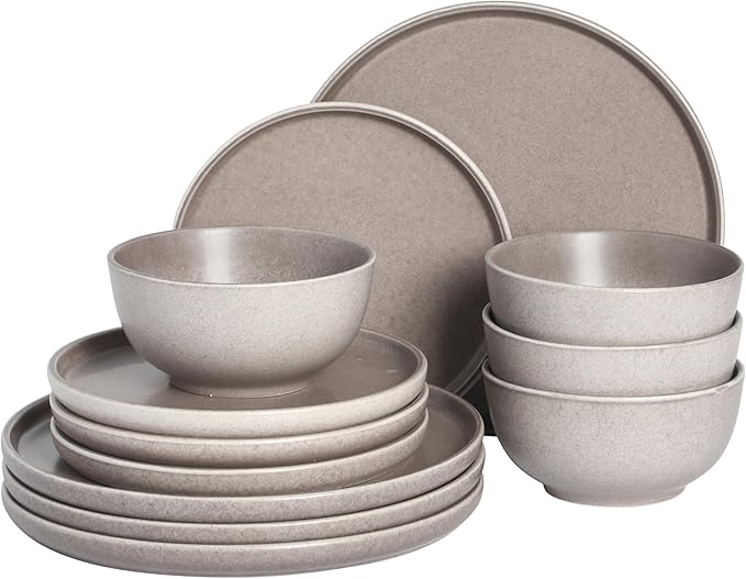 Gibson Elite 12 Piece (Service for 4) Eden Rock Plates and Bowls Reactive Glaze Round Dishes Stoneware Ceramic Dinnerware Set - Grey