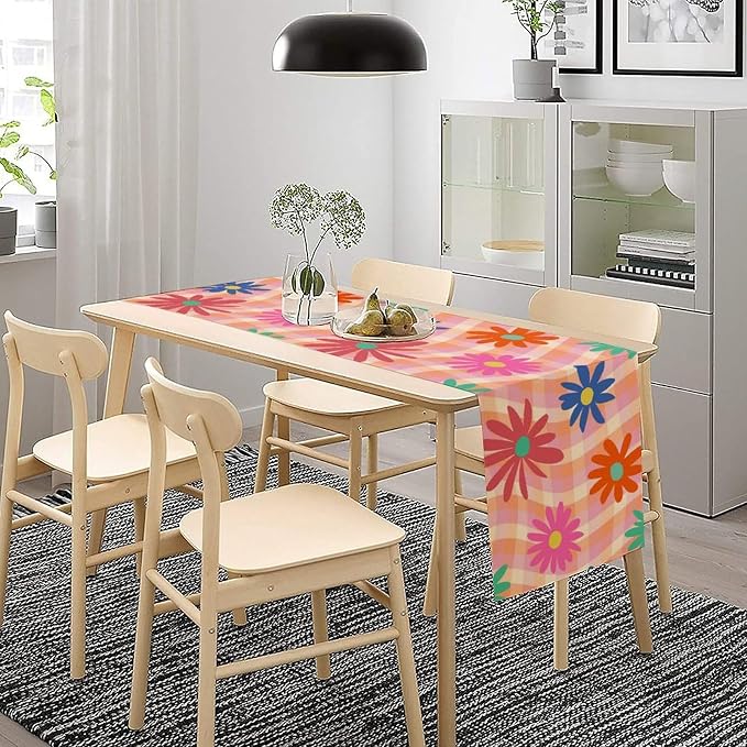 Retro Floral Checkered Table Runner Vintage Gardern Flowers Twisted Colorful Groovy Trendy Hippie Grid Farmhouse Country Dinner Runner for Home Kitchen Dining Table Party Holiday Decor 13"x120"