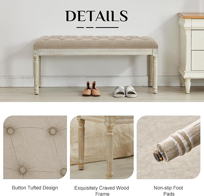 LOULENS 43.9" Linen Fabric End of Bed Bench, Vintage French Upholstered Button Tufted Entry Bench, Window Seat with Carved Wood Legs for Bedroom, Living Room, Entryway, Foyer, Hallway, Light Brown