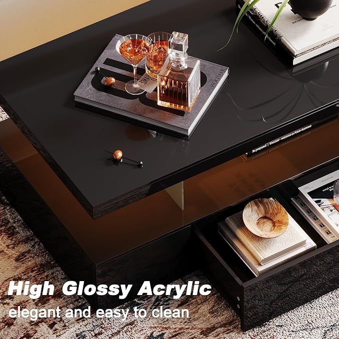 ChooChoo Modern LED Coffee Table, High Glossy Center Table with Drawer, Black Coffee Table with Storage for Living Room, Bedroom