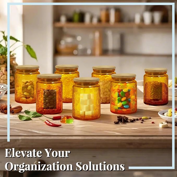 8oz Decorative Glass Jars with Airtight Bamboo Lids (Orange Amber - 6pc), Vintage Food Storage Containers, Home Décor Candle Making Parties Wedding Baby Shower Favors Gift