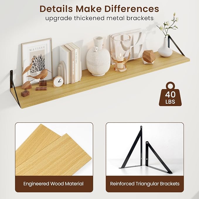 Axeman Deep Floating Shelves | 55 Inch Oak Wall Shelves Set of 2 | 10 Inch Deep Wood Floating Shelves for Wall | 55" W x 10" D Oak Shelves for Living Room Bathroom Kitchen