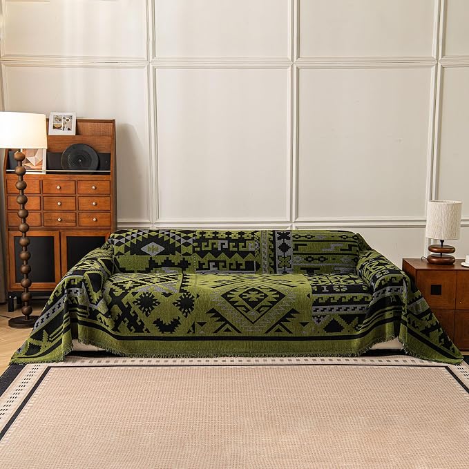 VClife Boho Couch Cover, Aztec Sofa Cover for Dog, Non Slip Washable Couch Covers for 2 Cushion Couch Sofa, Reversible Triangle Geometric Loveseat Cover Furniture Protector (Black-Green, 71" x 118")