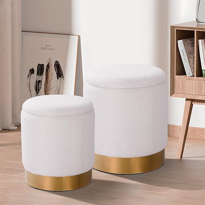 YYW HOME Sherpa Round Ottoman Set of 2 with Storage, 12 Gallon Hidden Storage, Multi-Functional Footrest Stool, Vanity Seat, Coffee Table, No Assembly Required, Holds 300lbs, Teddy White