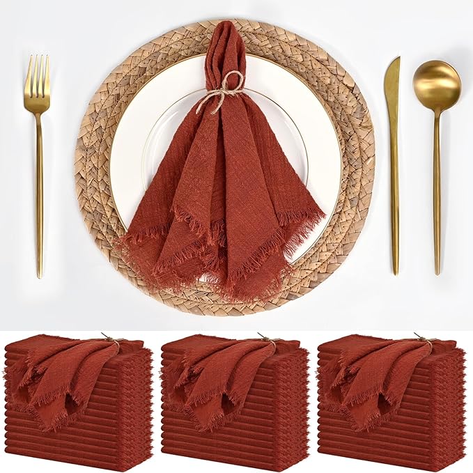 50 Pack Terracotta Napkins Cotton Linen Napkins Bulk 16 x 16 Inch Fall Cloth Napkins with Fringe Rustic Handmade Napkins Cloth Washable Dinner Napkins Cloth for Wedding Party Bridal Shower
