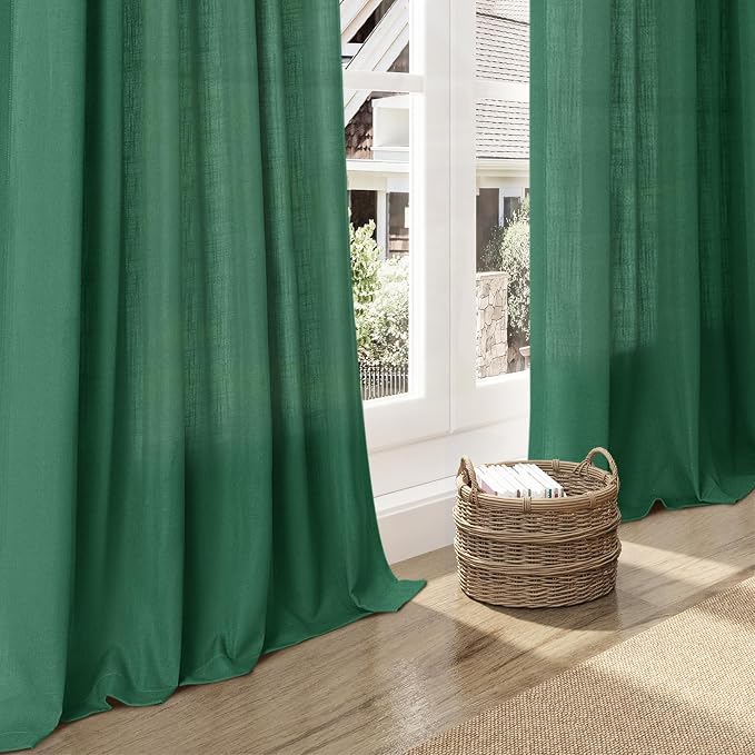 Nanspring Dark Green Linen Curtains 84 Inch Length 2 Panels Set for Living Room Rod Pocket Back Tab Light Filtering Window Drapes for Bedroom Dining Room Privacy Country Farmhouse Decor 52x84