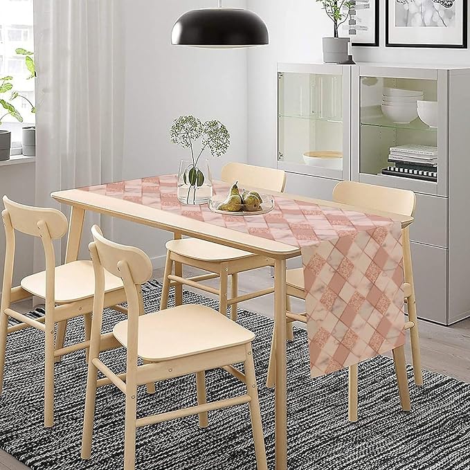 Marble Table Runner,Pink Gold Geometric Diagonal Marble Pattern Table Runner for Coffee Table Dining Room Table Bedroom Party Holiday Decor 13x120inch