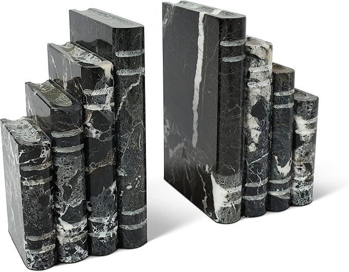Library Style Solid Marble Bookends - Set of 2 Heavy Decorative Book Stoppers with Non-Skid Bottom – All Natural Polished Marble Bookend Black + White (7x4x5 inches)