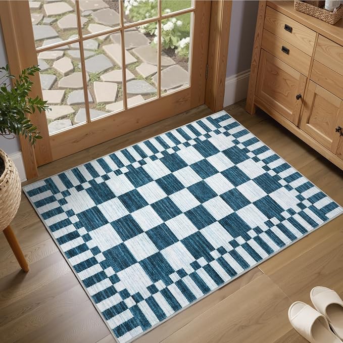 GarveeHome Blue and White Checkered Rug 2x3 Washable Rug Non-Slip for Entryway, Soft Low-Pile Small Area Rugs, Modern Geometric Rugs for Kitchen