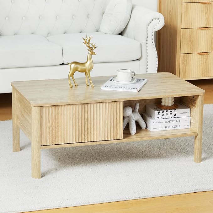 Mid-Century Modern Rectangular Wood Coffee Table with Dual Storage Shelf, Storage Center Coffee Tables with Waveform Panel Sliding Door Dining Table for Living Room Apartment(Natural)