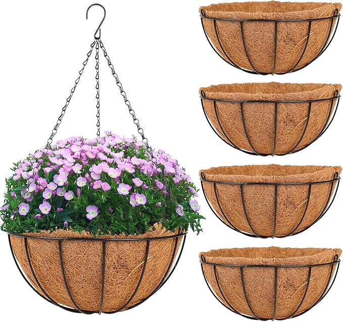 HKZ Hanging Basket Planter Plants Outdoor - 4 Pack 10 Inch Metal Hanging Planter with Coco Liners, Chain Hook Hanging Flower Pots for Indoor Outdoor Garden Porch Decoration