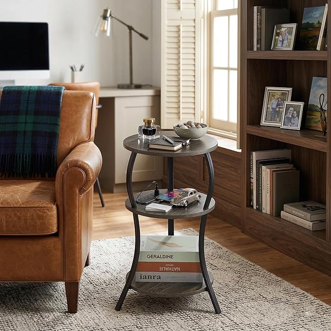 Small Round Side Table with Charging Station, 3-Tier Waist Circular End Table with Storage Shelf, Compact Tea Sofa Side Table Small Spaces, Round Corner Coffee Table for Living Room Bedroon,Grey