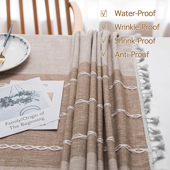 JIALE Tablecloths for Rectangle Tables, Cotton Linen Table Cloth Waterproof Tablecloth Wrinkle Free Farmhouse Dining Tables Cover, Soft Fabric Table Cloths with Tassels, Brown, 55" X 120", 10-12 Seats
