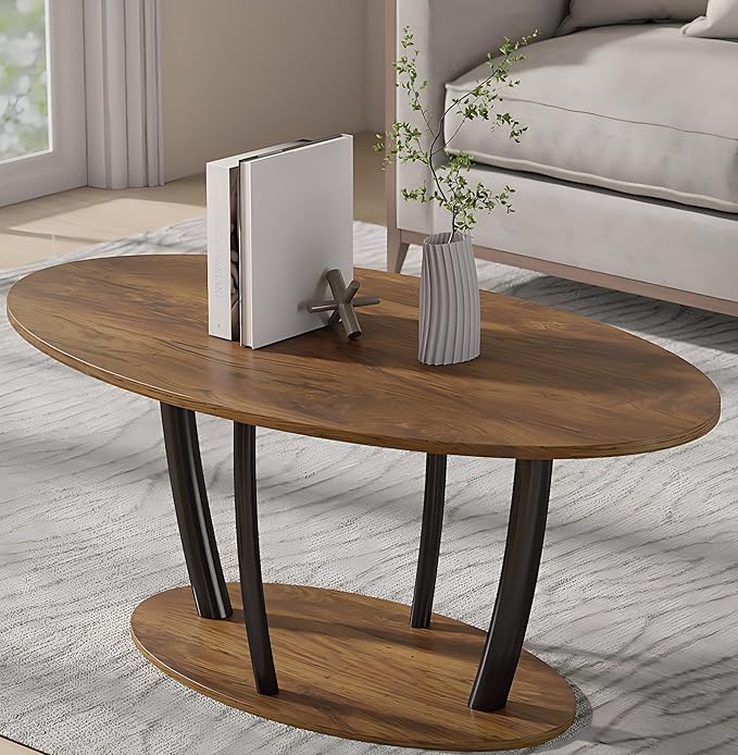 Manora Rustic Small Oval Coffee Table for Living Room, Narrow Wood Center Table with Shelf, Retro Style Coffee Table with Curved Metal Legs, Stable and Easy Assembly, Rusric Brown