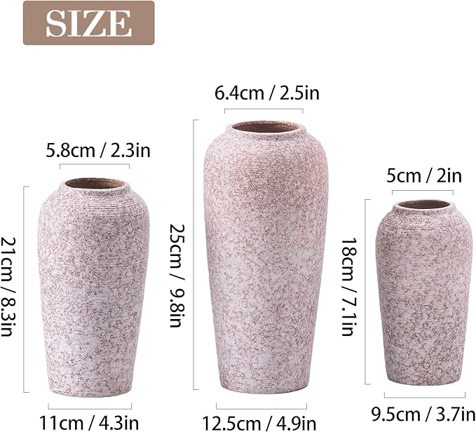 Stone Vase Set 3 Modern Decor Ceramic Vases Rustic Farmhouse Home Tea Table Office Room Desk Large Vases Ornament Pottery