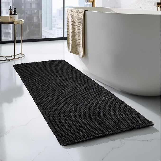 KGORGE Waffle Bathroom Rug, Large Super Absorbent Non Slip Washable Bathroom Rugs Decor, Boho Quick Dry Rubber Backed Bath Mat for Shower Toilet Hallway Hotel, Black, 24" W X 72" L 1pc