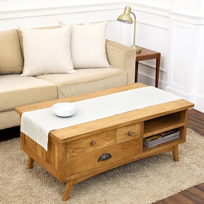 Solino Home Linen Table Runner 60 Inches - Amalfi Stripe 100% Pure Linen Natural and White Table Runner 14 x 60 Inch Ideal for Dresser and Coffee Tables - Summer