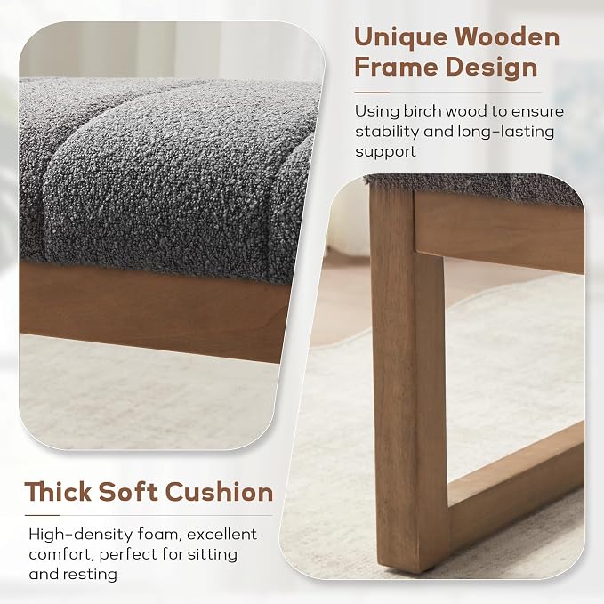 Zihanhome 52.7" Bedroom Bench for End of Bed, Modern Upholstered Teddy Fabric Entryway Bench & Dining Bench, Footrest Stool Bench with Solid Wood Frame for Bedroom, Living Room (Grey)