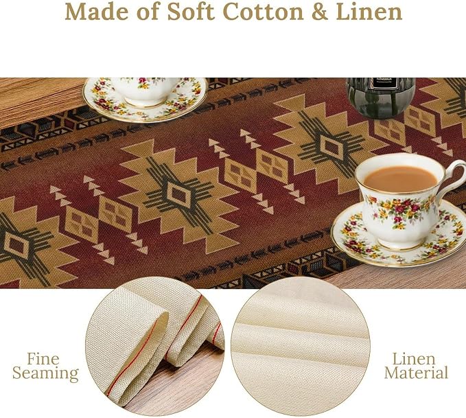 Aztec Vintage Table Runner Southwest Ethnic Style Bohemia Design Retro Geometry Triditional Garden Farmhouse Dining Table Decoration for Living Room Kitchen 13x120in