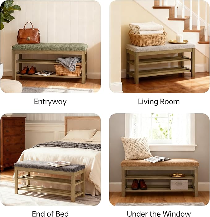 VKNOW Entryway Bench, 44.3” Upholstered Shoe Storage Bench for Bedroom, 2-Tier Storage End of Bed Bench with Rubberwood Legs for Living Room, Hallway, Beige