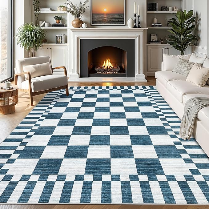 GarveeHome Blue and White Checkered Rug 6×9 Area Rugs for Living Room,Non-Slip Washable Rug Soft Low-Pile, Modern Farmhouse Geometric Rugs for Bedroom Dining Room