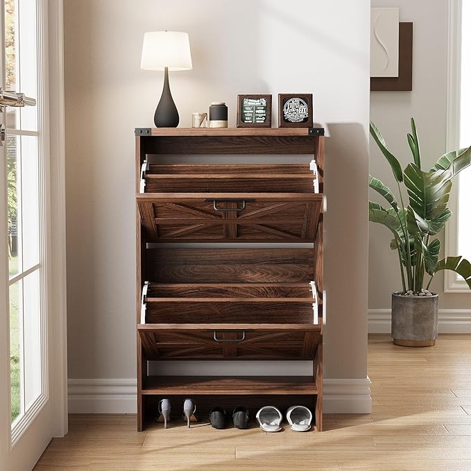 Halitaa Shoe Storage Cabinet for Entryway,Farmhouse Slim Shoe Cabinet with 2 Flip Drawers,Narrow Freestanding Organizer Storage Rack for Entrance,Hallyway,Dark Walnut
