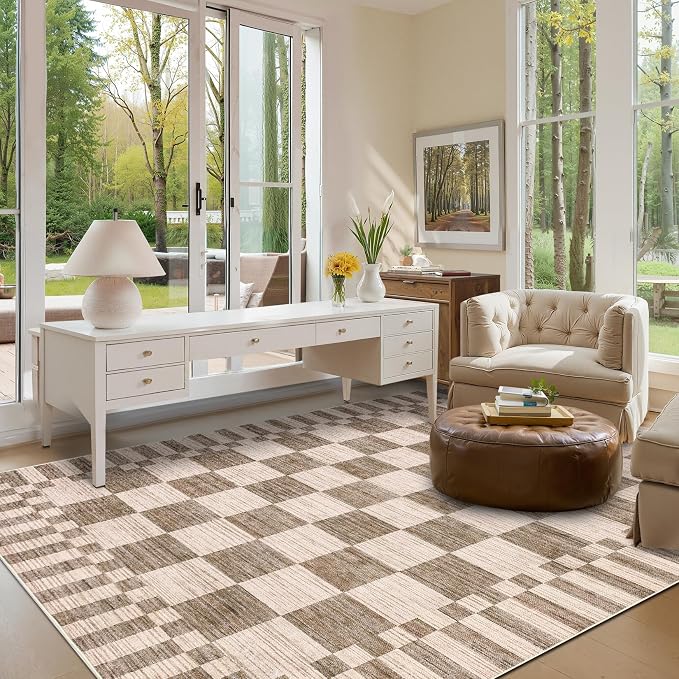 GarveeHome 9×12 Area Rugs for Living Room,Modern Brown Checkered Rug,Geometric Tan Brown Print Non-Slip Washable Farmhouse Checkerboard Rugs for Bedroom Dining Room Office