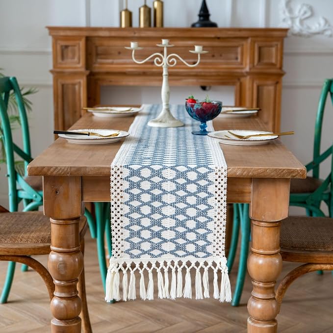EMMTEEY Bohemian Table Runner Cotton Linen - Macrame Craft for Dining Table/Dressing Table, Fringe Trim, Heat Resistant, Wrinkle Free (12"X72", Blue)