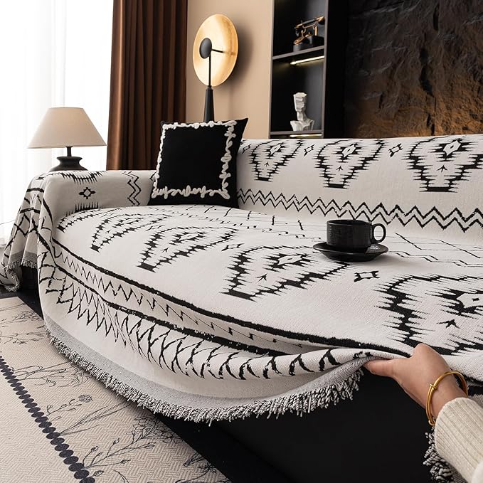 VClife Boho Aztec Couch Cover Extra Large Couch Cover for 3-4 Seat Sofa, Western White Slipcover Cover with Black Tribal Pattern, Soft Thick Chenille Furniture Sofa Covers wit Tassel, White, 71"X150"