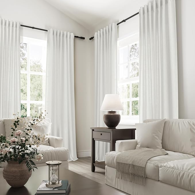 Joywell White Linen Curtains 96 Inches Length Long Rod Pocket/Back Tab/Hook Belt/Clip Rings Semi Sheer Window Curtains Farmhouse Linen Drapes for Bedroom Living Room 2 Panels Set,52x96,Off White