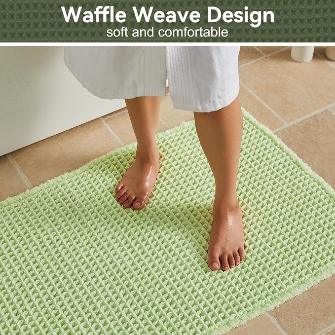 Triohero Waffle Bath Mat, Small Boho Bathroom Rugs Non Slip Washable, Ultra Soft Super Absorbent Quick Dry Farmhouse Bathroom Decor, 16" x 24", Pale Green