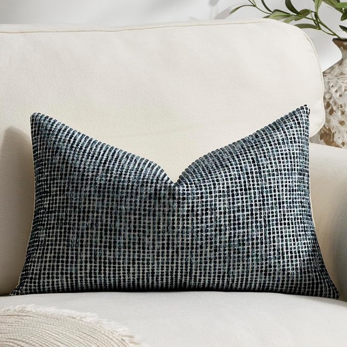 Pack of 1 Neutral Lumbar Pillow Covers 14x24 Boho Textured Dots Stripe Chenille Rectangular Decorative Throw Pillow Cases Accents for Living Room Couch Bed Farmhouse Home Decor, Teal