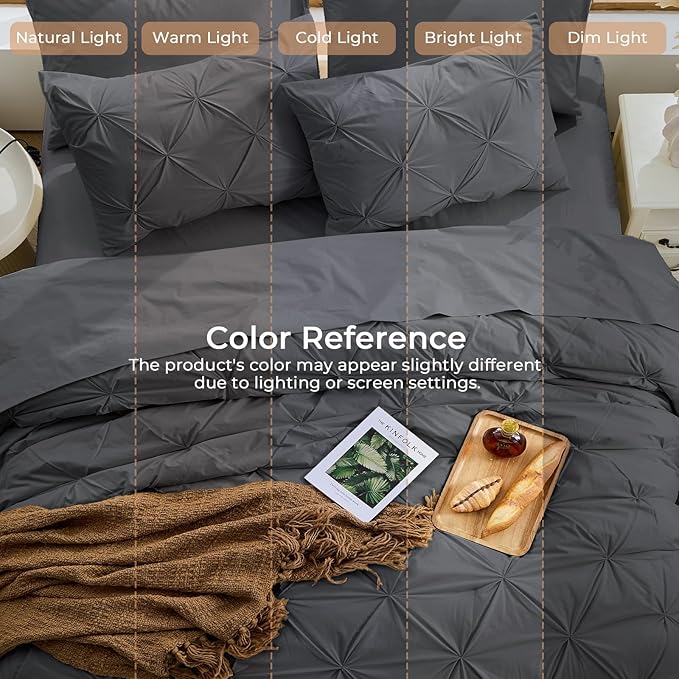 Sasttie California King Comforter Set, 7-Piece Bed in a Bag, Pintuck Bedding Sets for All Season, Includes Comforter, Flat Sheet, Fitted Sheet,Pillowcases and Pillowshams, Dark Grey