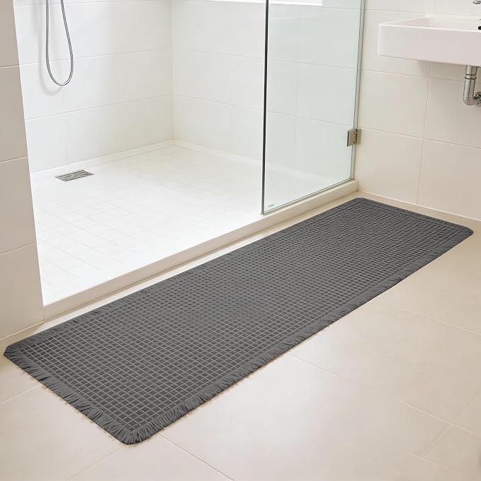 Waffle Runner Rug Non Slip, Boho Bath Mat, Super Absorbent Quick Dry Long Bath Runner Bathroom, Soft Farmhouse Bath Rug with Tassels, Washable Shower Mats for Floor 24"x72", Dark Grey