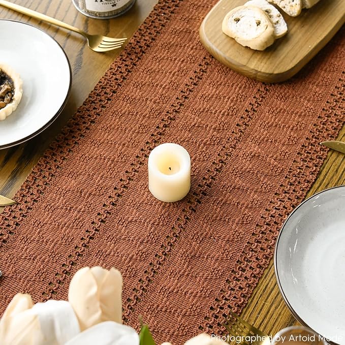 Artoid Mode Caramel Farmhouse Woven Rustic Hollow Table Runner, Seasonal Holiday Hollow Kitchen Dining Table Decoration for Home Party Decor 12x60 Inch