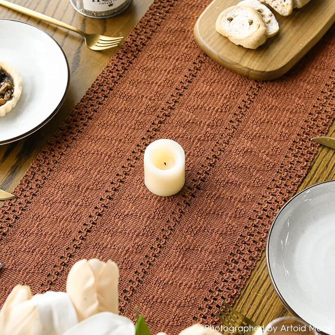 Artoid Mode Caramel Farmhouse Woven Rustic Hollow Table Runner, Seasonal Holiday Hollow Kitchen Dining Table Decoration for Home Party Decor 12x48 Inch