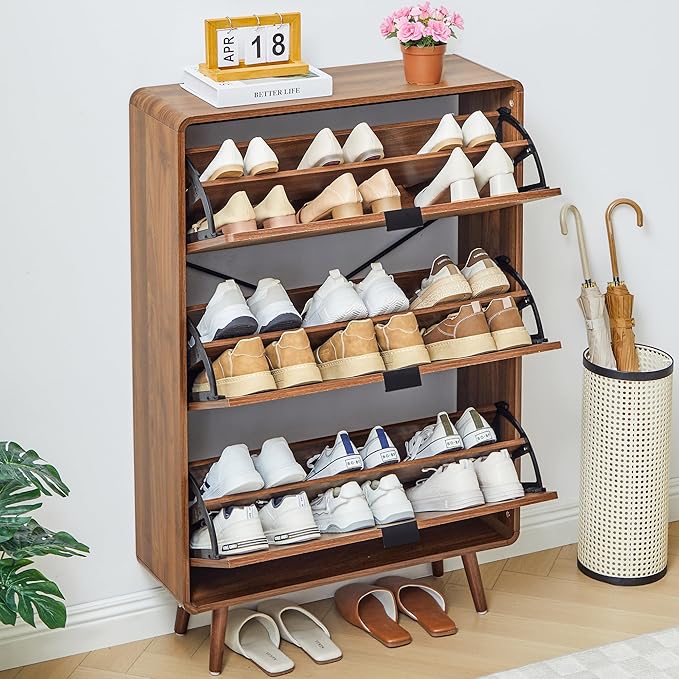 FurSch Fluted 47 Inch Tall Shoe Cabinet with 3 Flip Drawers, Narrow Hidden Shoe Storage Organizer Rack for Entryway Hallway (All Walnut)