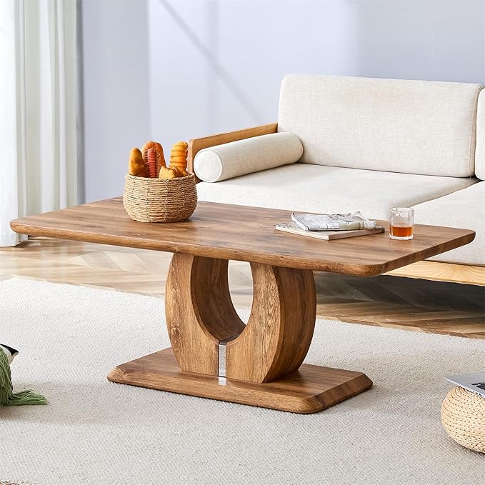 LKTART Rectangle Coffee Table for Living Room, Imitation Marble Coffee Tables with Storage, Modern Stable Base Center Tea Table for Dining Room Small Space Apartment (47''L×25.6''W-Brown)