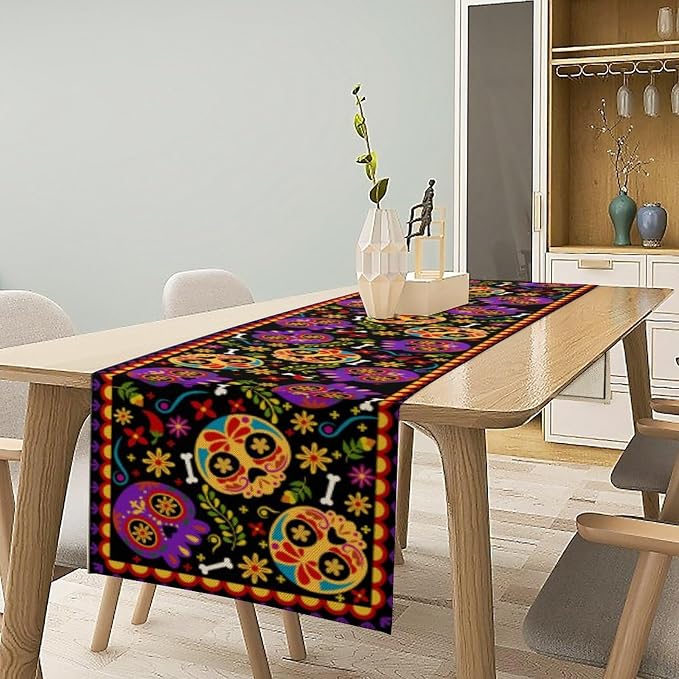 Mexican Fiesta Table Runner Decoration Skull Cinco De Mayo Dia De Los Muertos Runners Farmhouse Rustic Day of The Dead Decor Supplies for Kitchen Dining Home, 13x70 Inch Black