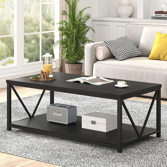 EXCEFUR Black Coffee Table, Modern Wood and Metal Living Room Table with Storage Shelf, 47 Inch