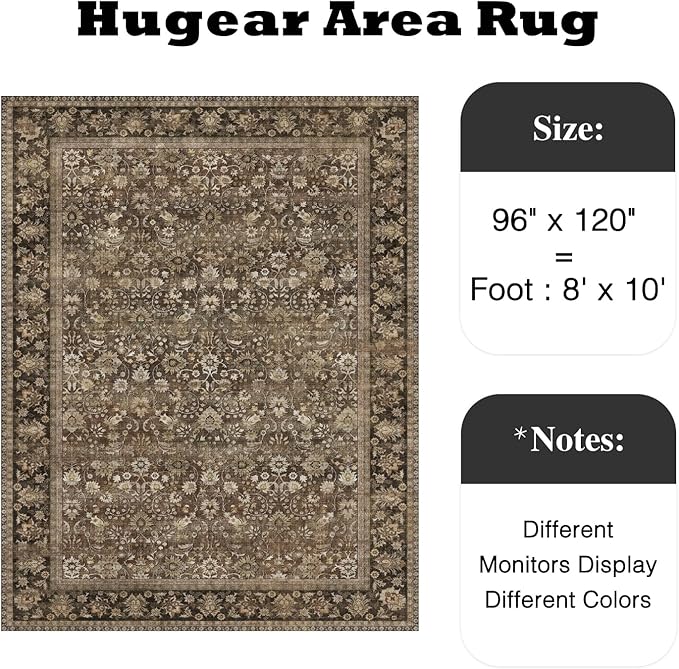 HUGEAR 8x10 Machine Washable Rugs Brown Hallway Large Area Rug Indoor Accent Rug Floral Low Pile Carpet Soft Throw Aesthetic Rug Bedroom Living Room Office Dining Room Kitchen Laundry Room