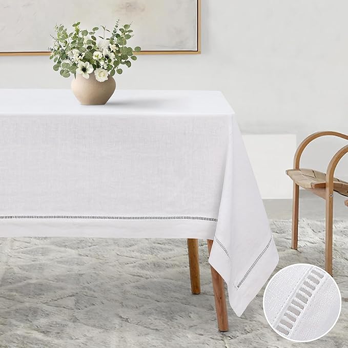 Linen World Hemstitch Linen Tablecloth,French Linen White Tablecloth 120" x 60" Inch,Washable Rectangular Table Cloth for Dining,Outdoor,Weddings and Restaurants,Decorative Thanksgiving Christmas