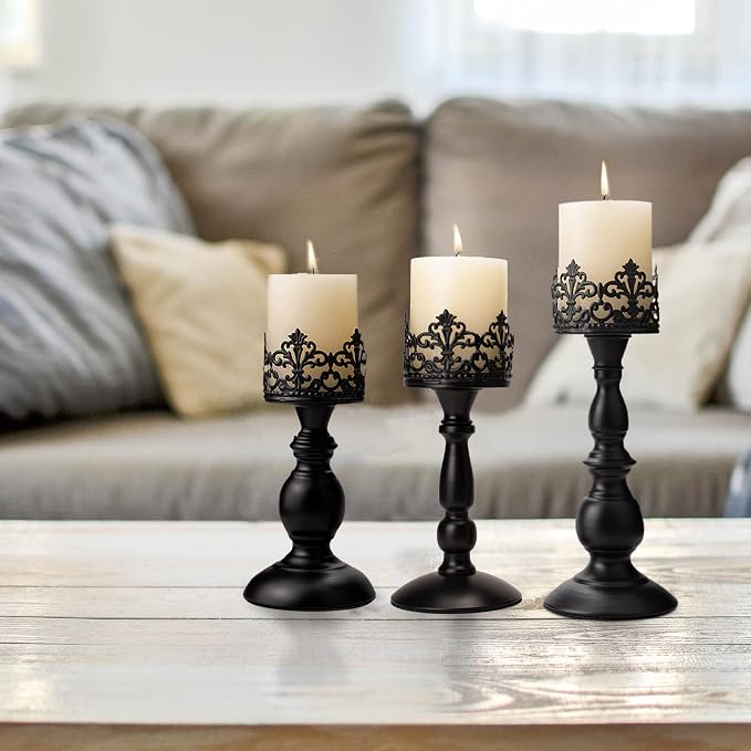 BANOMII Vintage Pillar Candle Holders for Table Centerpiece Set of 3-11'' 9'' 8'' - Matte Black Metal Candle Stands Decorative - Candle Centerpiece for Table Fireplace Decor - Gothic Candle Holder