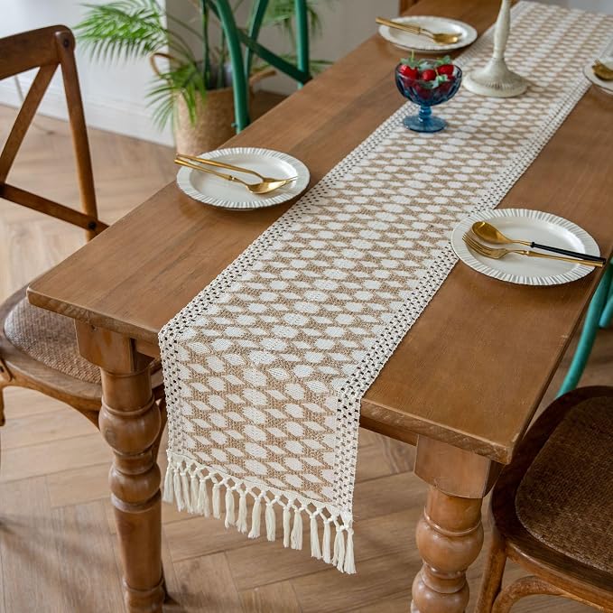 EMMTEEY Bohemian Table Runner Cotton Linen - Macrame Craft for Dining Table/Dressing Table, Fringe Trim, Heat Resistant, Wrinkle Free (12"X94", Khaki)