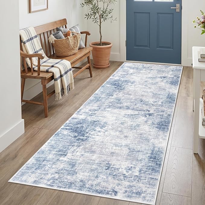 IOHOUZE Abstract Runner Rug 3x7 Ft Washable Runners for Hallways, Non Slip Kitchen Runner Printed Faux Wool Entryway Runners Indoor, Floor Carpet for Hall Kitchen Bedroom, Light Blue Grey