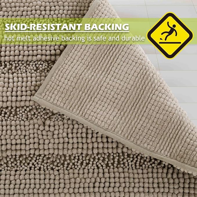 KGORGE Washable Kitchen Rugs - Anti-Slip Absorbent Shaggy Quick Drying Plush Ultra Soft Black Small Bath Mat Floor Mats for Bathroom Shower Tub Thick, Taupe, 47" W x 17" L, 1 Piece