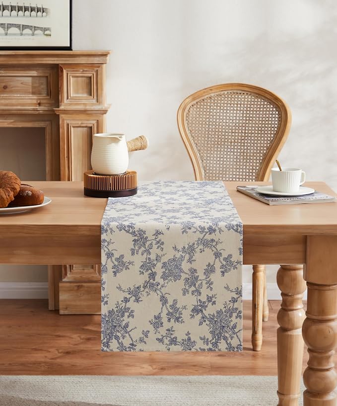 100% Cotton French Pastoral Table Runners, 13x90 Inch Blue Farmhouse Table Runners 90 Inches Long, Vintage Flowers Print Home Decors
