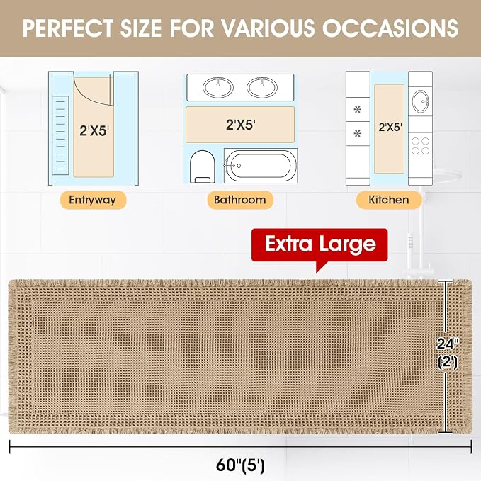 Extra Large Waffle Bath Mat, 5'x2' Beige-Bordered, Super Absorbent Non-Slip Quick Dry Bathroom Rugs with Tassels, Machine Washable Ultra Soft Boho Bath Rugs for Floor, Toilet Mats Boho Farmhouse Decor