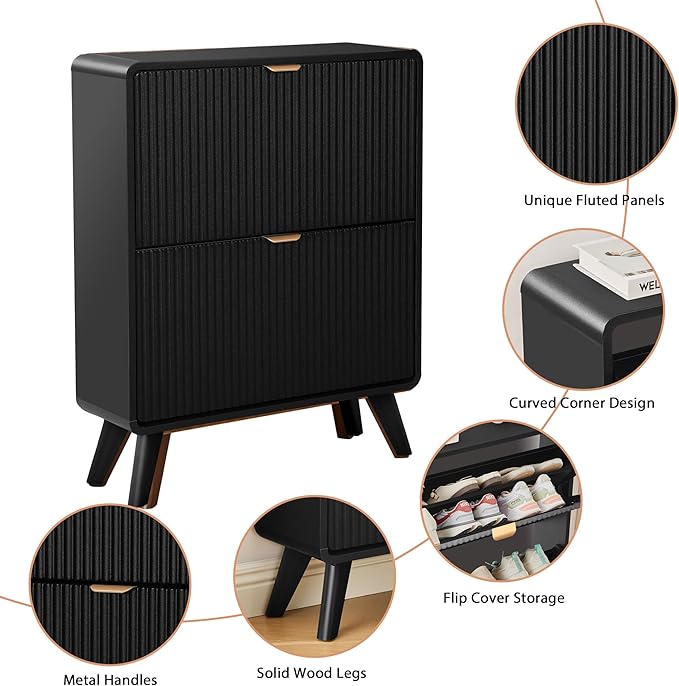 RARZOE Fluted Shoe Storage Cabinet with 2 Flip Drawers, Narrow Curved Shoe Cabinet for Entryway, Freestanding Wood Hidden Shoe Organizer Closed Shoe Rack Cabinet for Foyer, Hallway (27.5''Black)